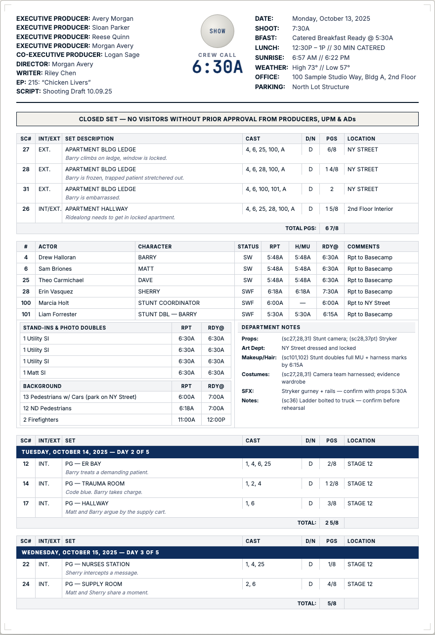 Sample call sheet from Call Sheet Commander